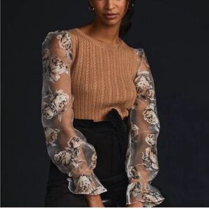 Anthropologie Maeve Contrast Sheer Floral Sleeve Sweater Tan Small Cable Knit